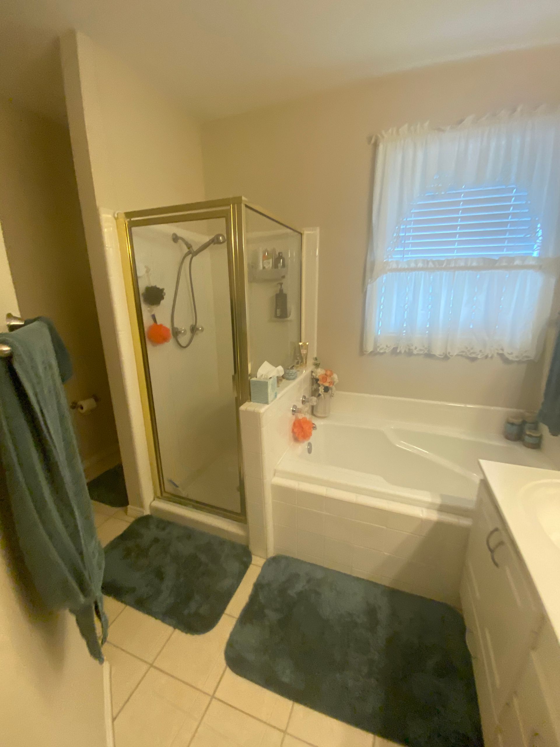 A bathroom with a tub , shower , sink and window.