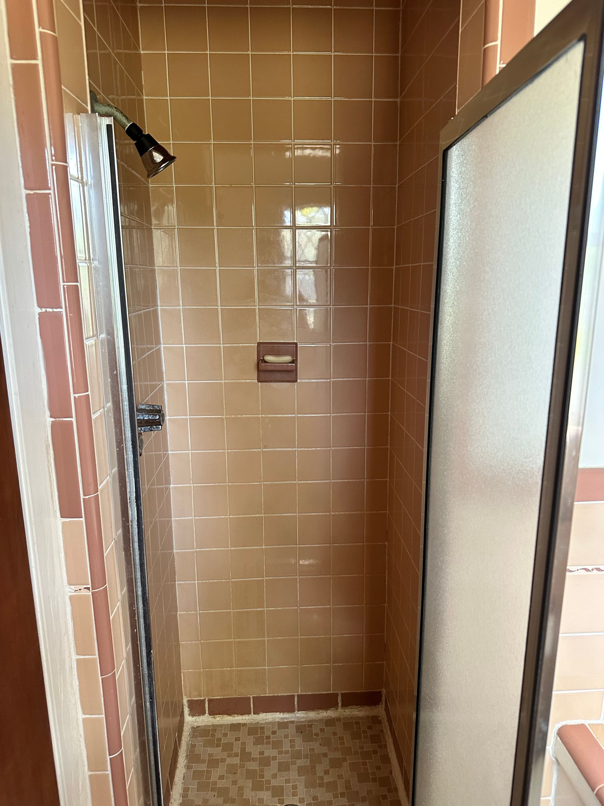A bathroom with a walk in shower with a glass door