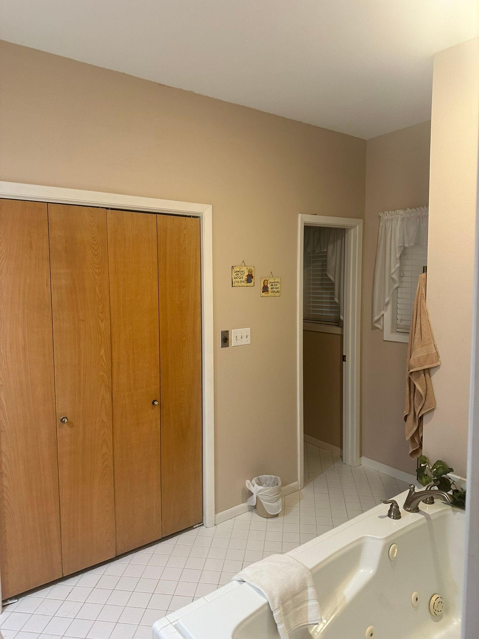 A bathroom with a jacuzzi tub and a closet.