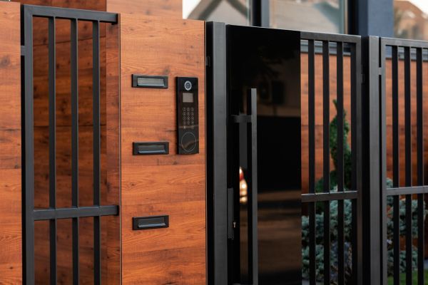 A wooden fence with a metal gate in front of a house.