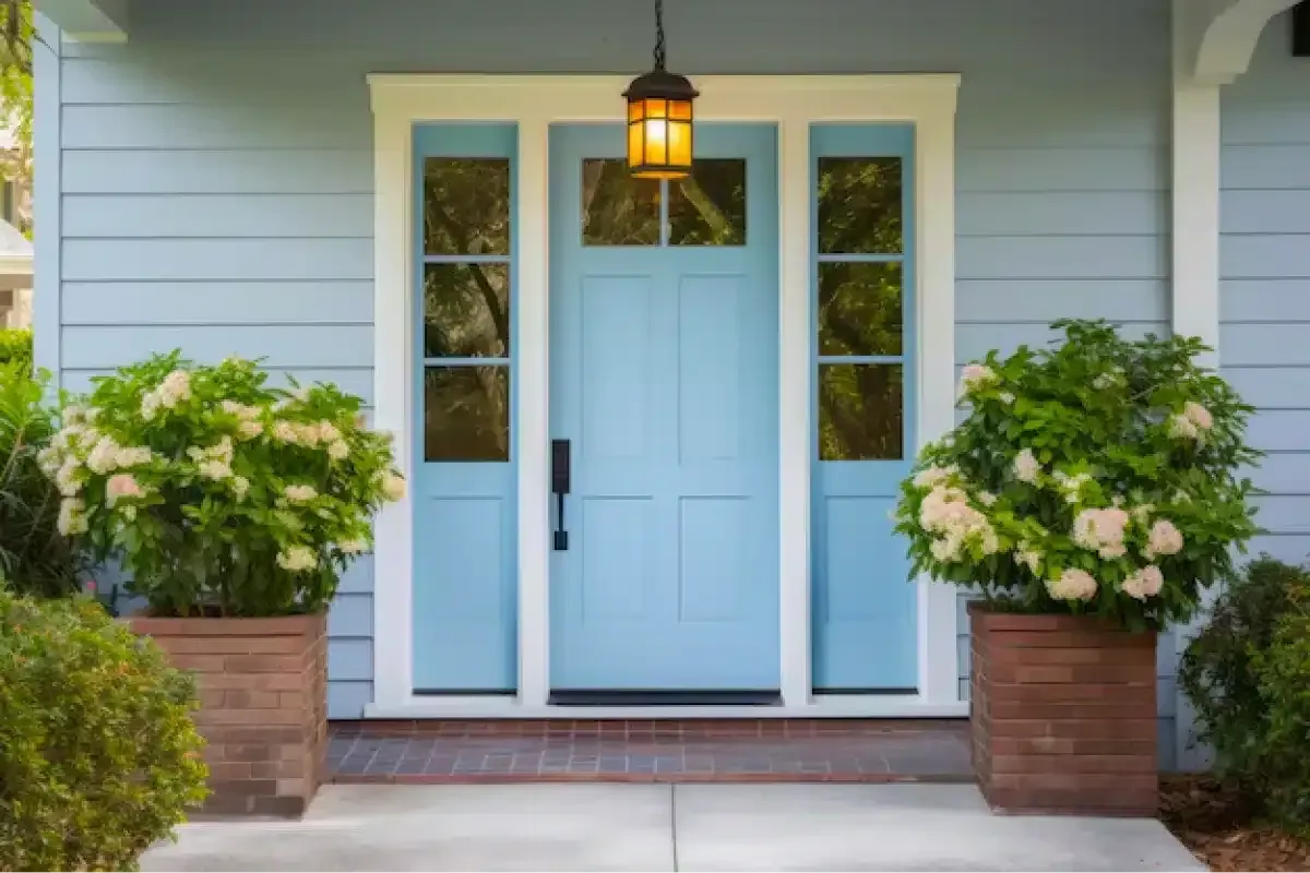 The front door of a blue house with a light hanging from the ceiling.