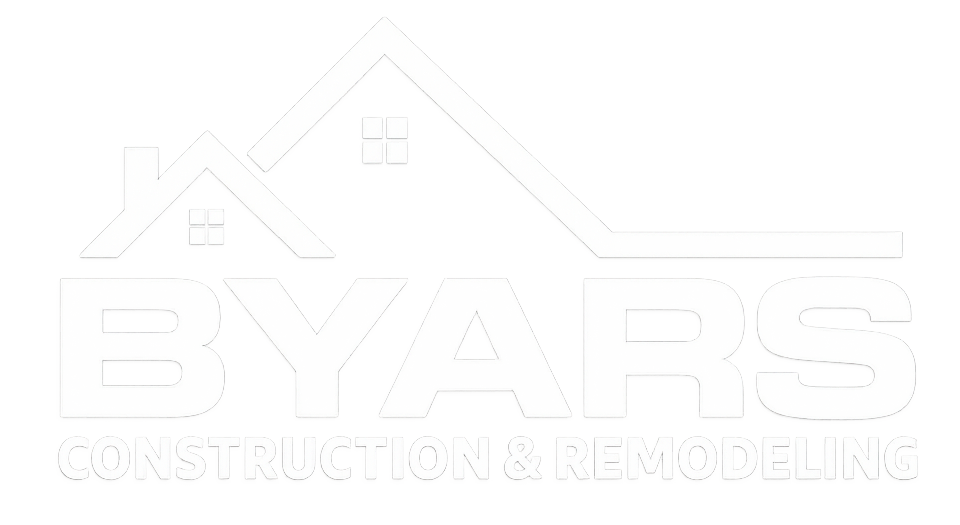 The logo for byars construction and remodeling is white and has a house on it.