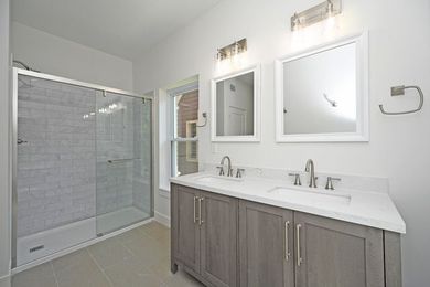 A bathroom with two sinks , two mirrors and a walk in shower.