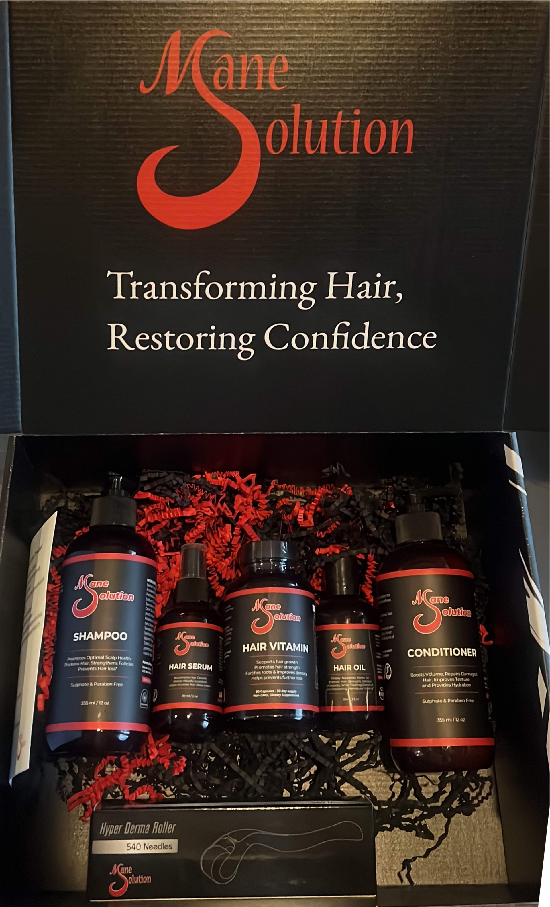 A box that says mane solution transforming hair restoring confidence