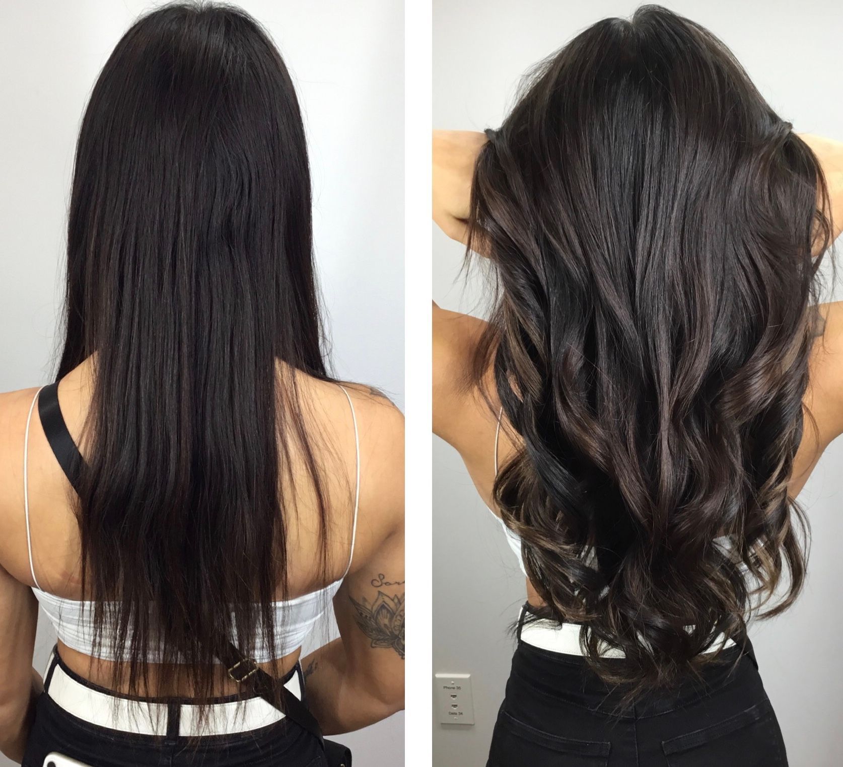 A before and after photo of a woman 's hair