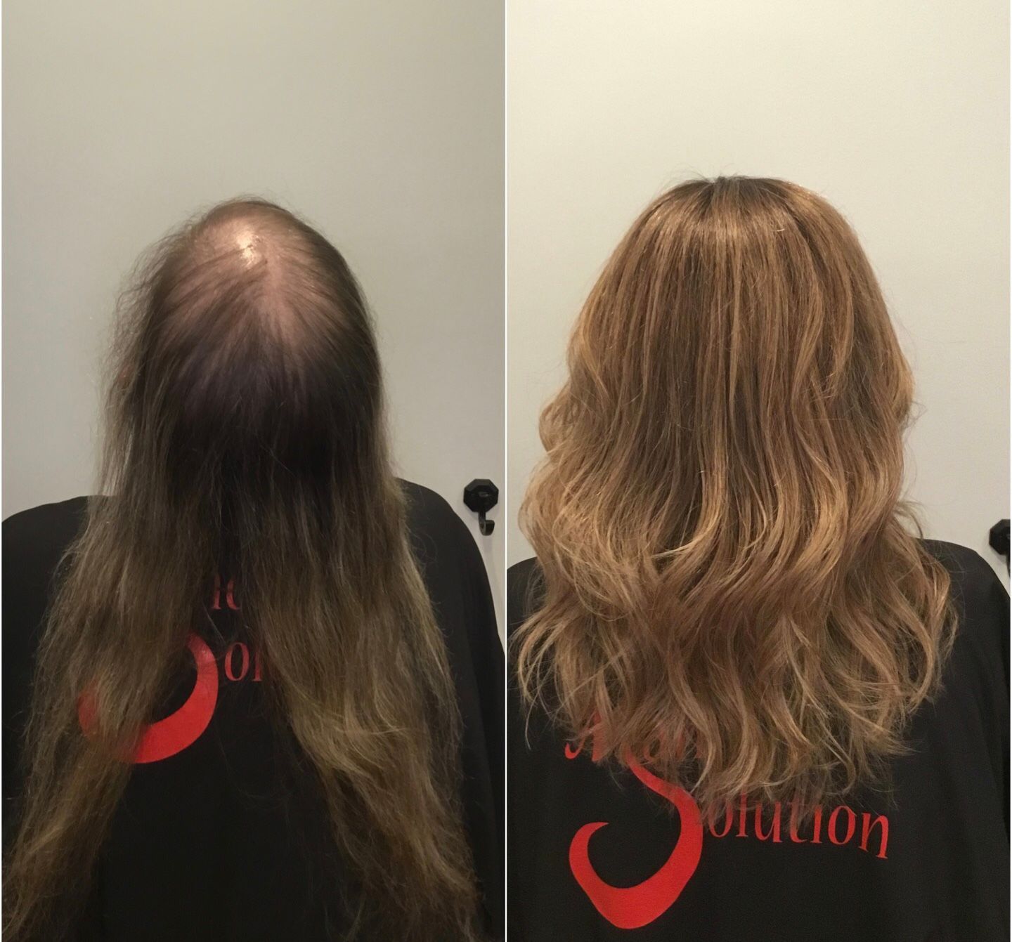 A before and after photo of a woman 's hair