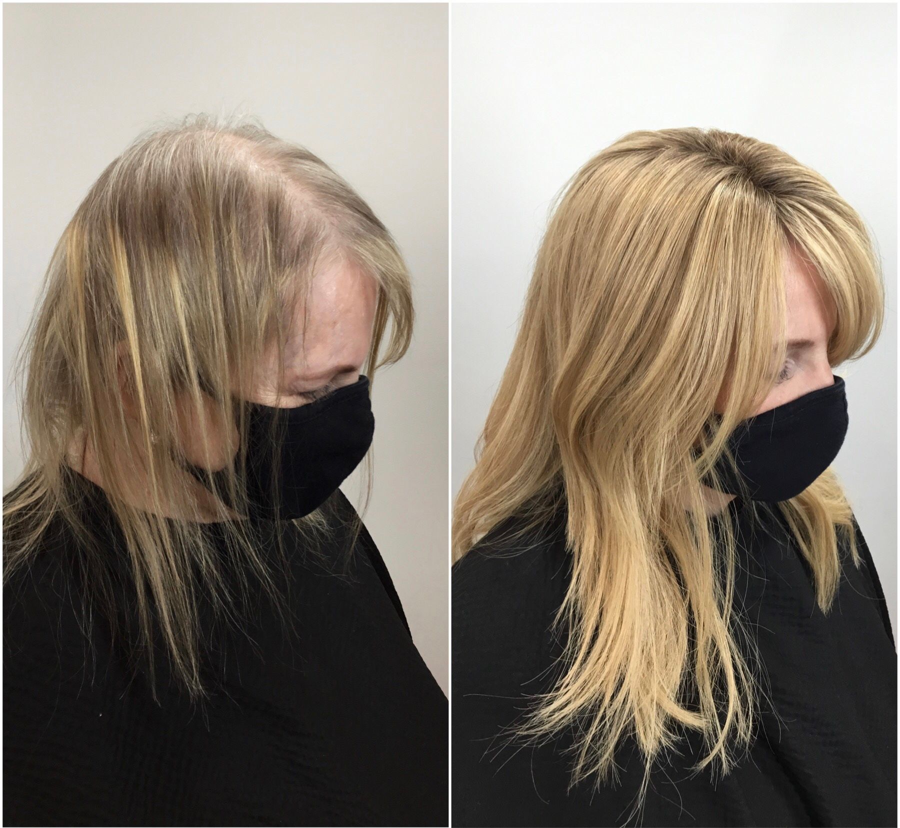 A before and after photo of a woman 's hair