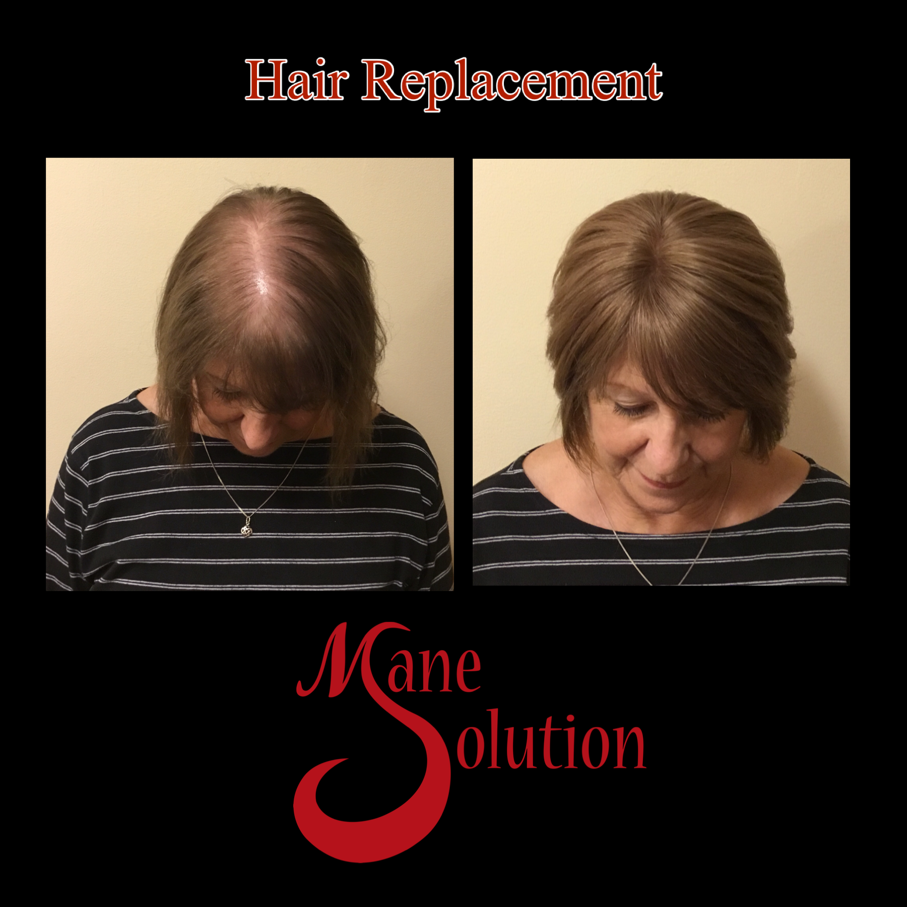 A before and after photo of a woman 's hair replacement by mane solution