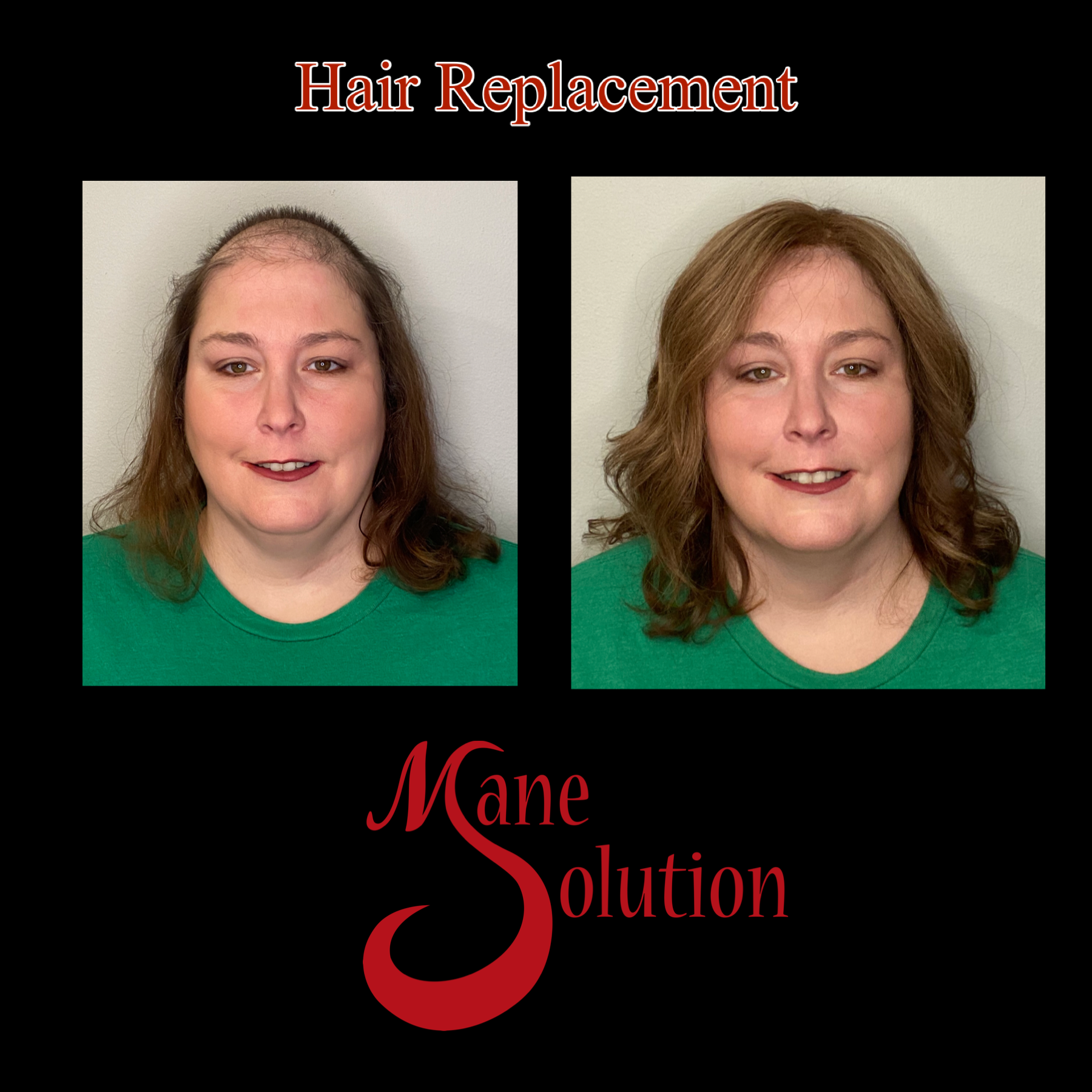A before and after photo of a woman 's hair replacement by mane solution