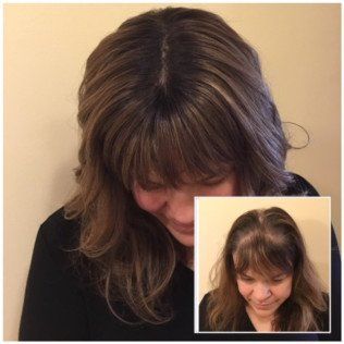 A woman with a before and after picture of her hair.
