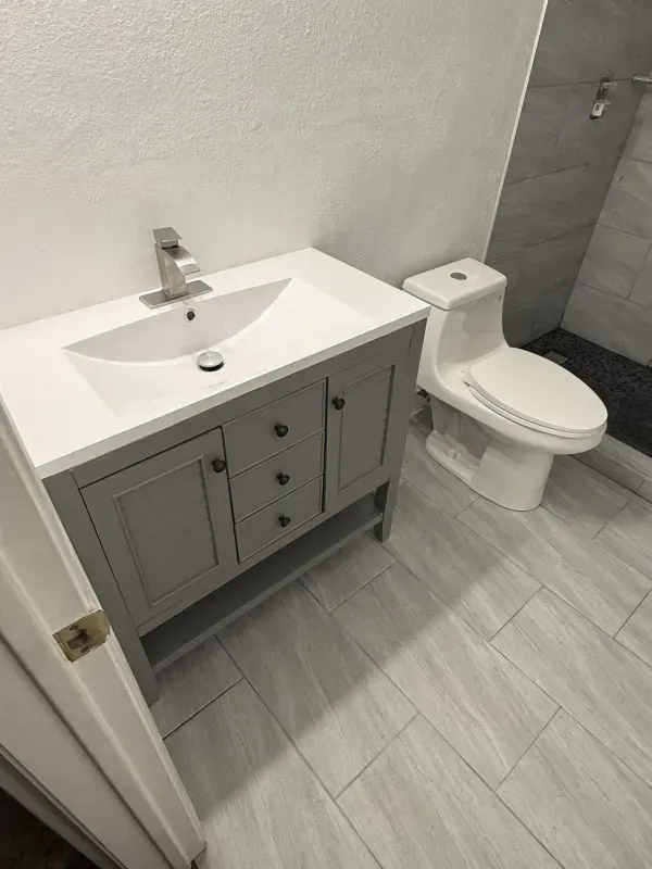 A bathroom with a sink , toilet and shower.