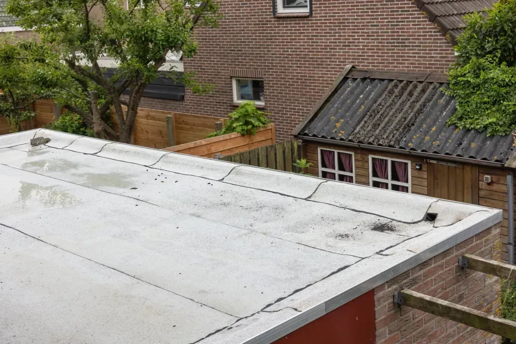 A roof of a house with a shed in the background.
