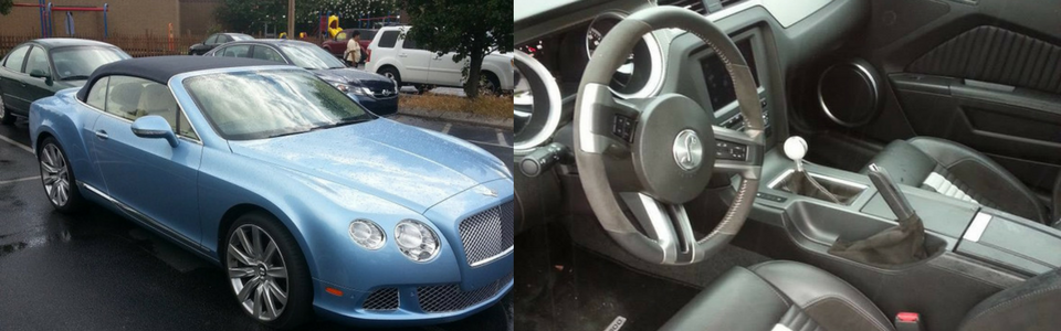 Blue convertible car next to the interior of a car with a black interior.