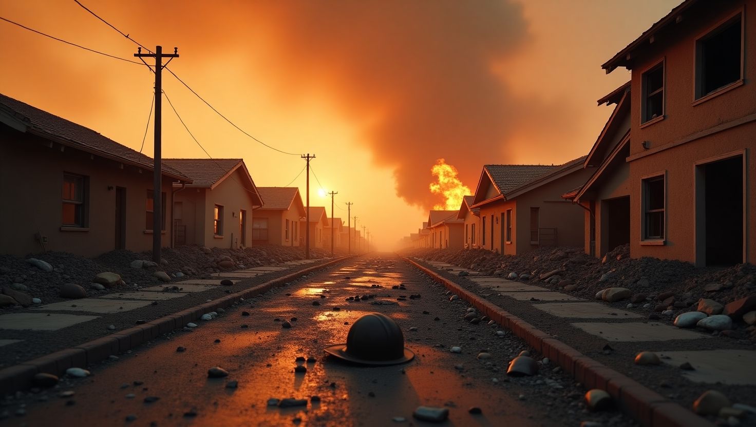 Abandoned street after wildfire, flames and smoke highlight risks of rushed cleanup without science.