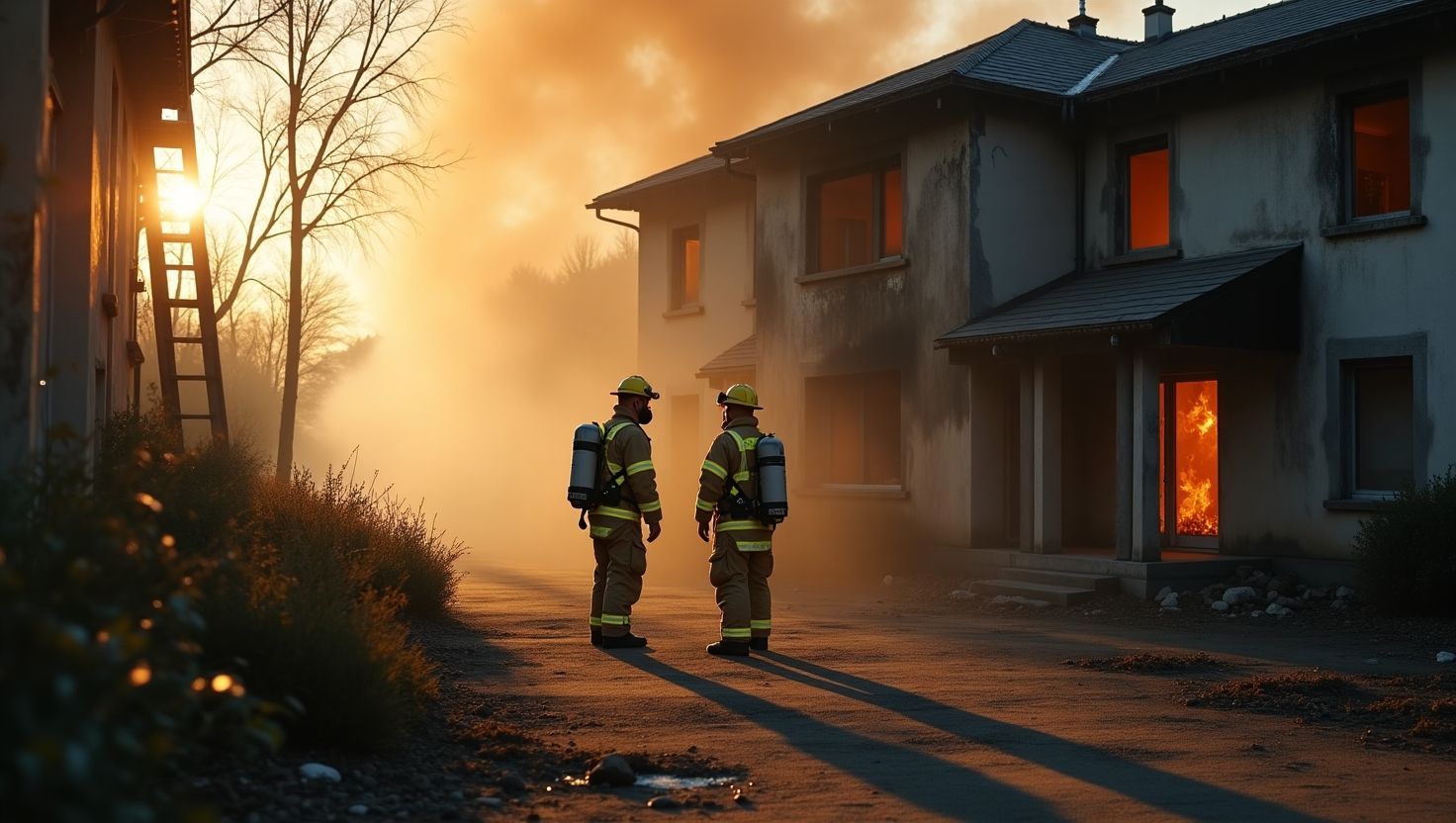 Fire Damage in Older Buildings – Post-Fire Asbestos Risk Assessment Firefighters assessing damage at a smoke-filled residential building after a fire, highlighting the potential risk of asbestos exposure in older structures.