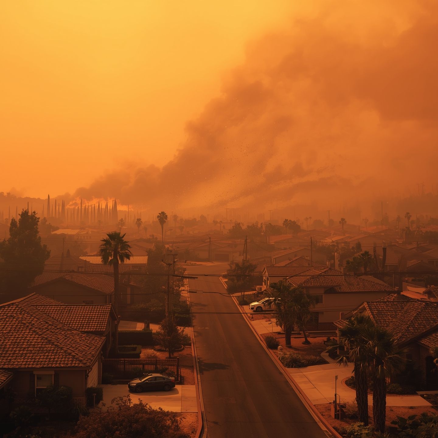 Residential Pasadena neighborhood under orange haze from nearby wildfire smoke and ash, highlighting