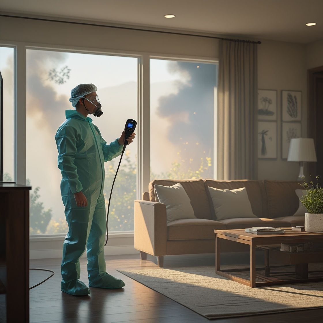 Environmental technician conducting indoor air quality testing in a home after nearby wildfire smoke exposure using professional air monitoring equipment.