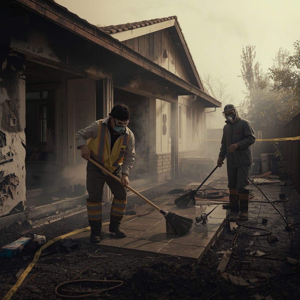 Workers in protective gear cleaning wildfire ash and debris outside a fire-damaged home during post-wildfire restoration and hazardous cleanup