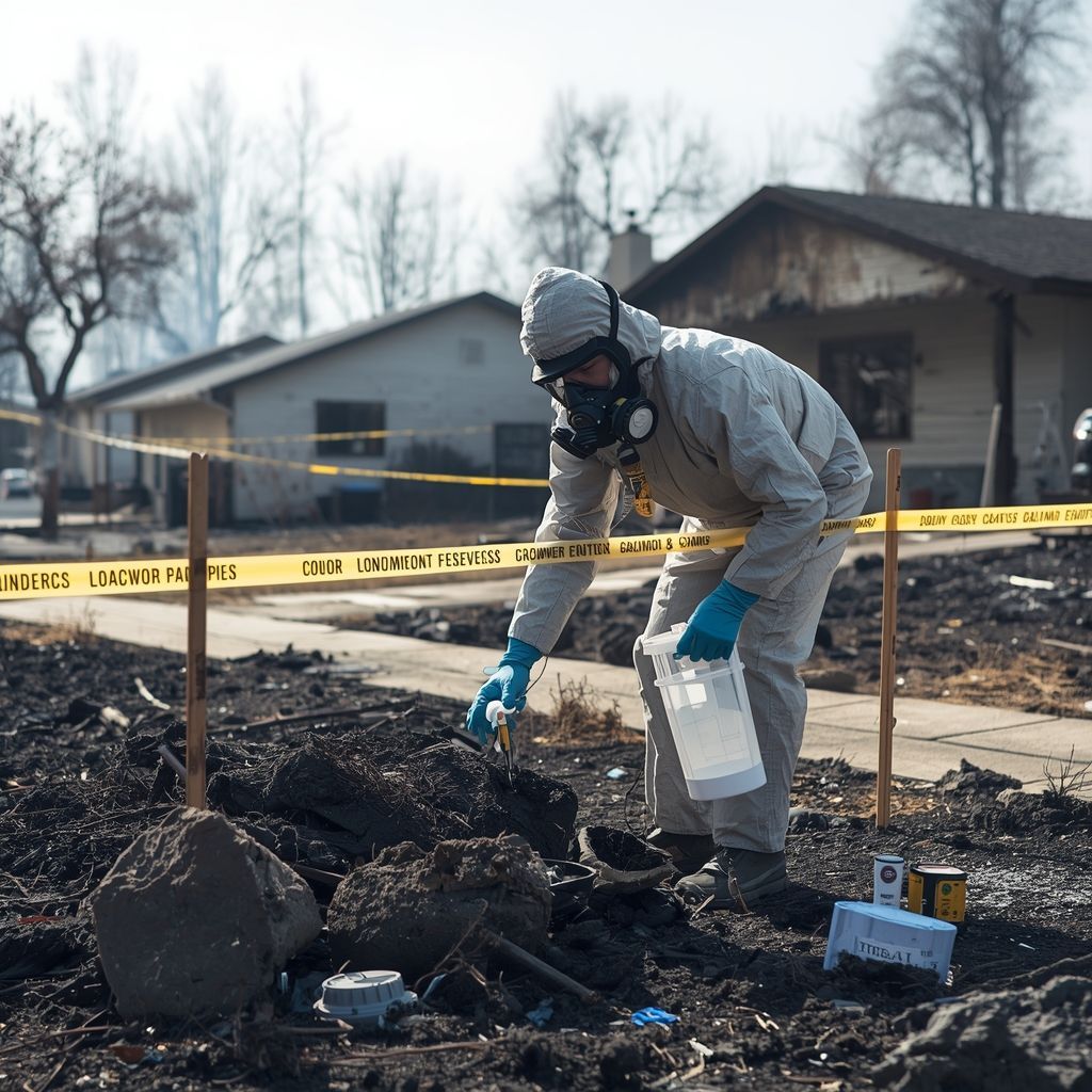 Environmental testing technician in full protective hazmat suit collecting soil and ash samples 