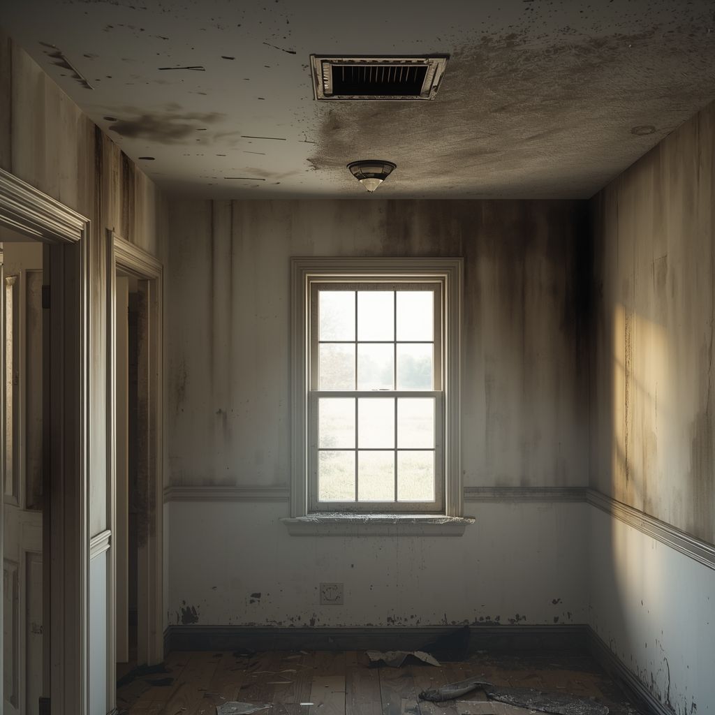Fire-damaged room after cleanup showing soot stains on ceiling and walls with lingering toxic fire residue inside a residential property