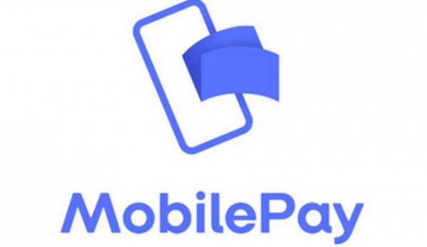 A blue and white logo for mobile pay with a cell phone.