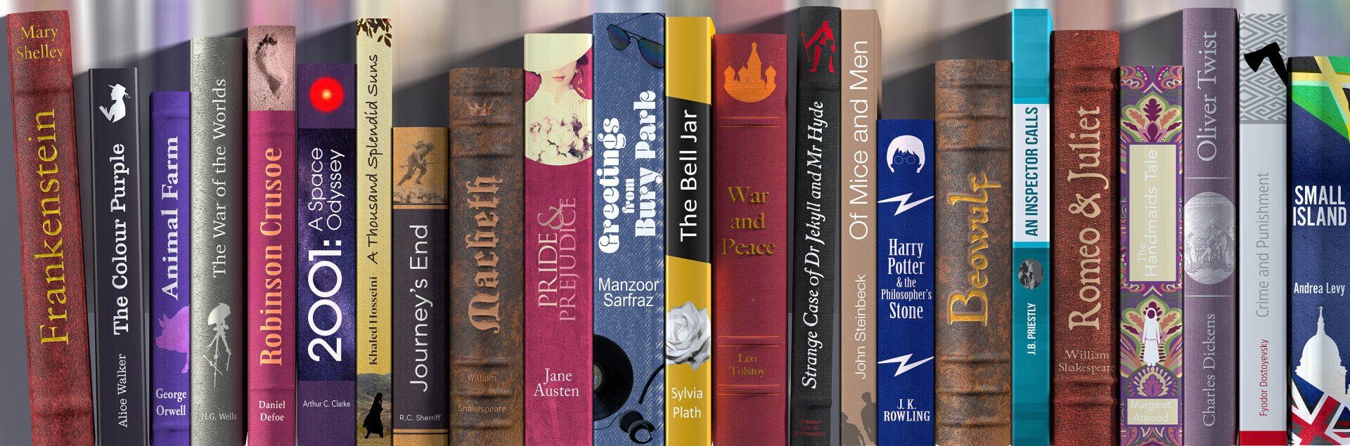 School wall mural for English. Bookspines literature titles