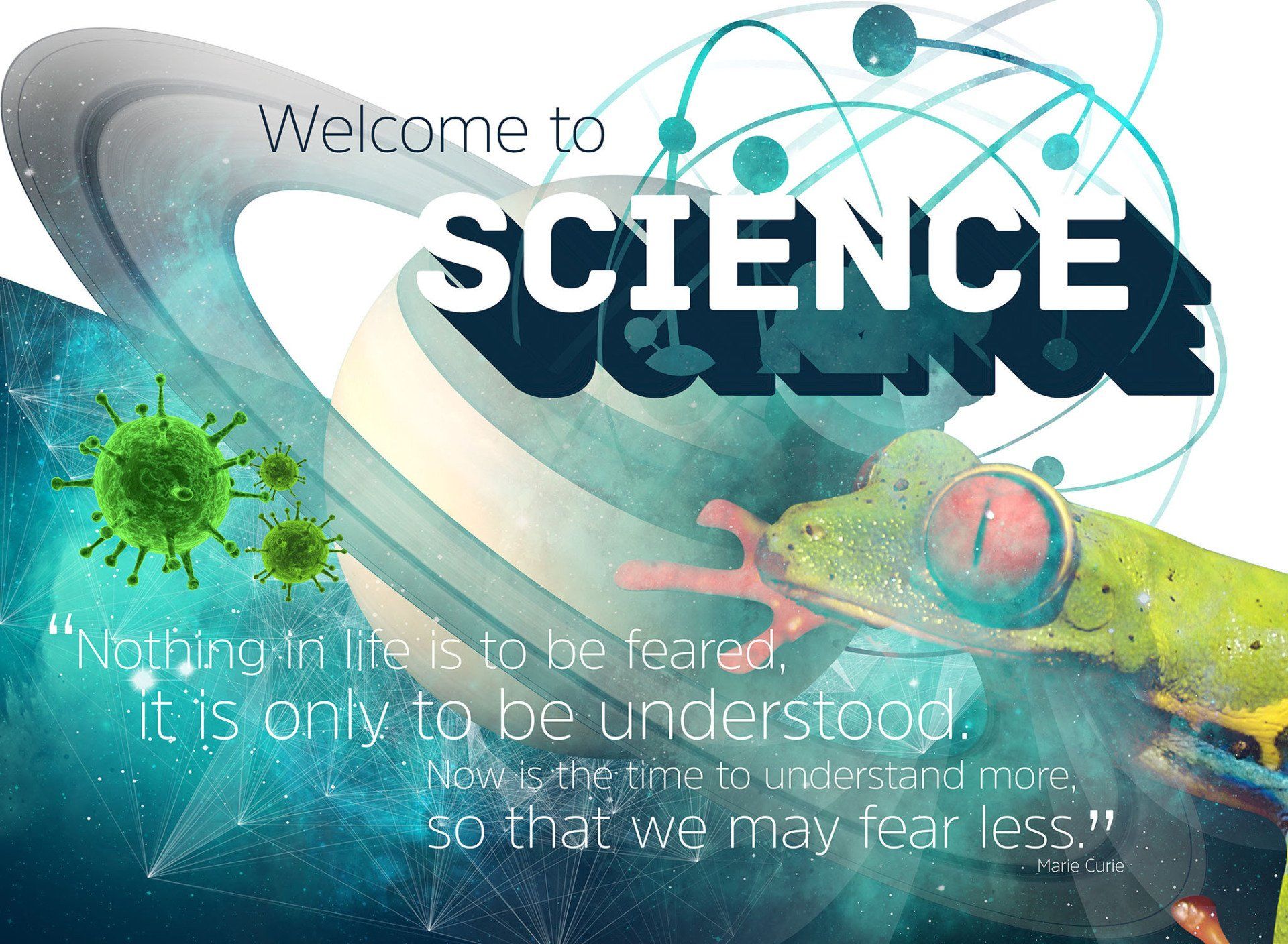 science wallpaper mural, Saturn, frog, biology, atom, mural designs