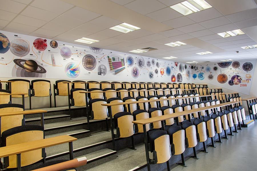 Science timeline wall mural in school science lecture theatre