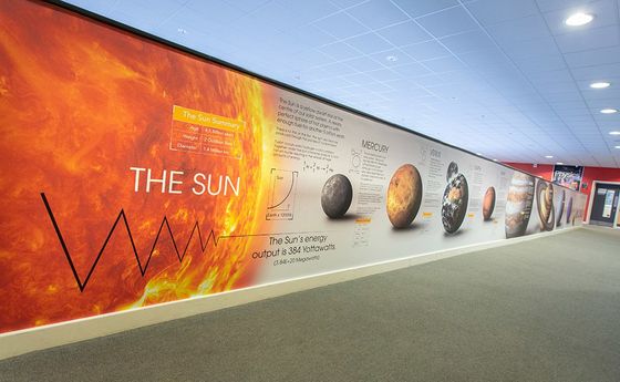 solar system wall mural in school corridor