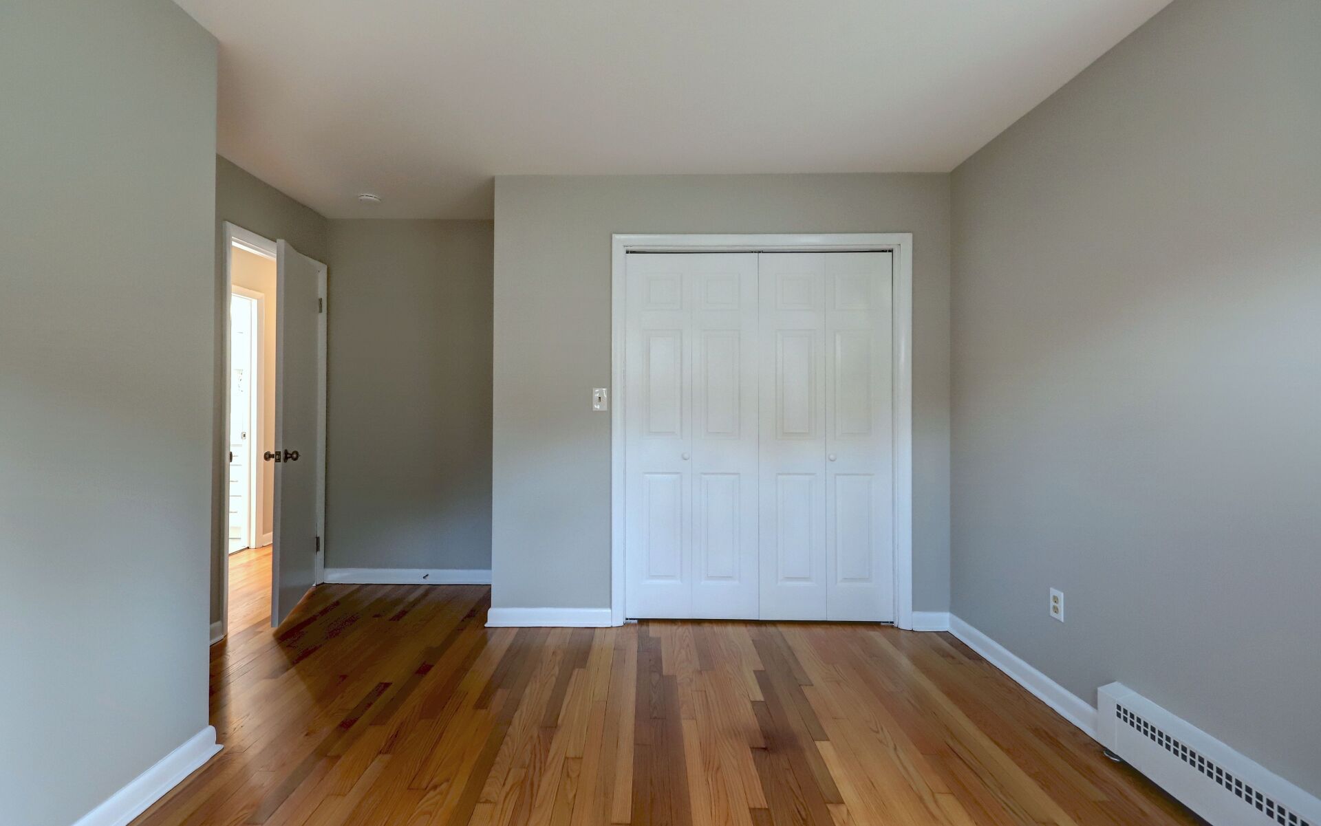 Empty room with hardwood floors, gray walls, a white closet, and a door to the left.