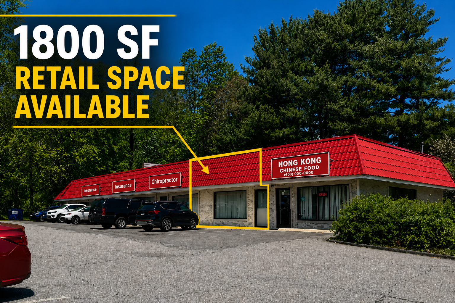 A small strip mall with several businesses, cars parked out front, and a blue sky.