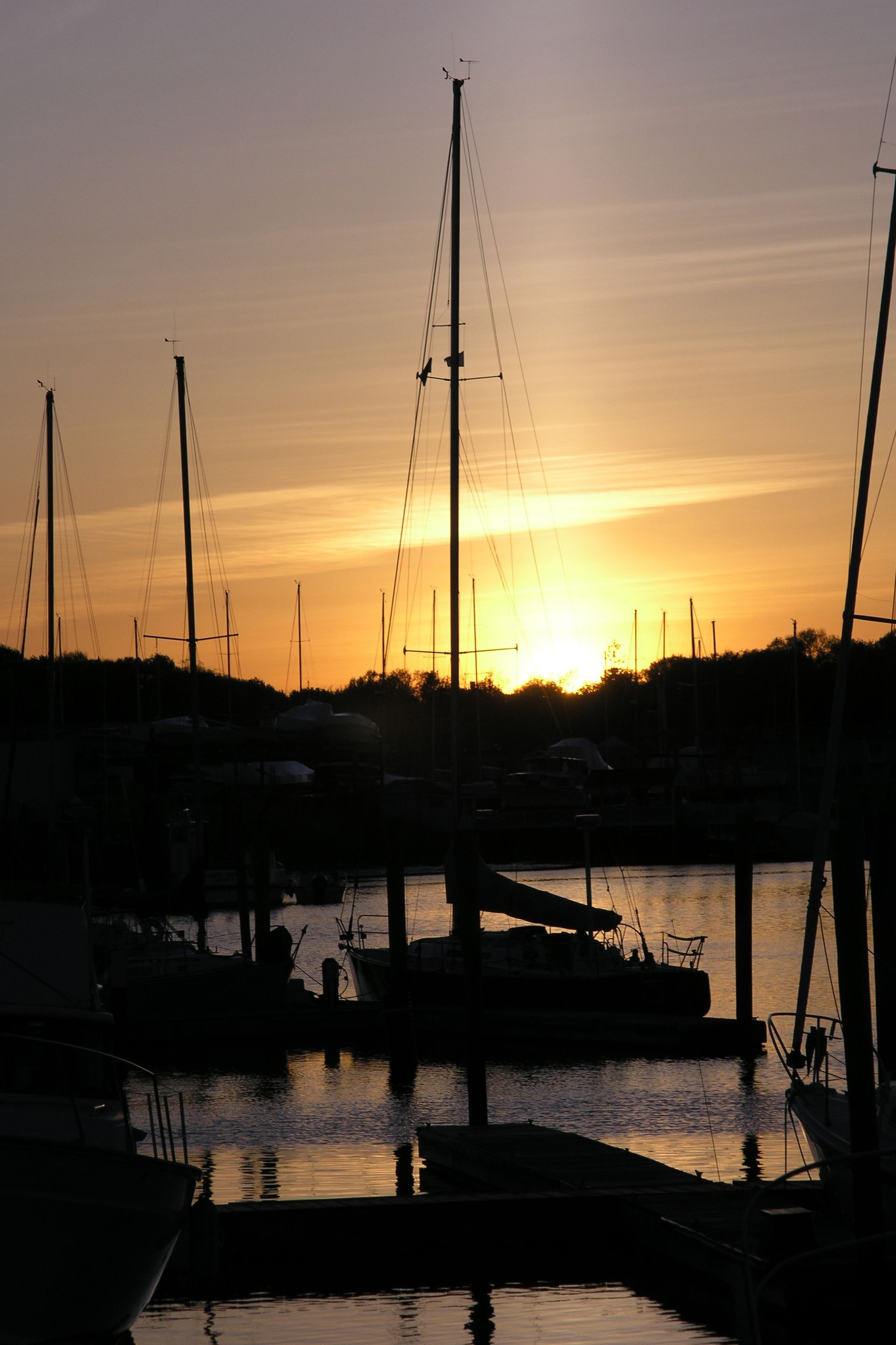 Sunset over a marina with silhouetted sailboats and docks; golden sky.