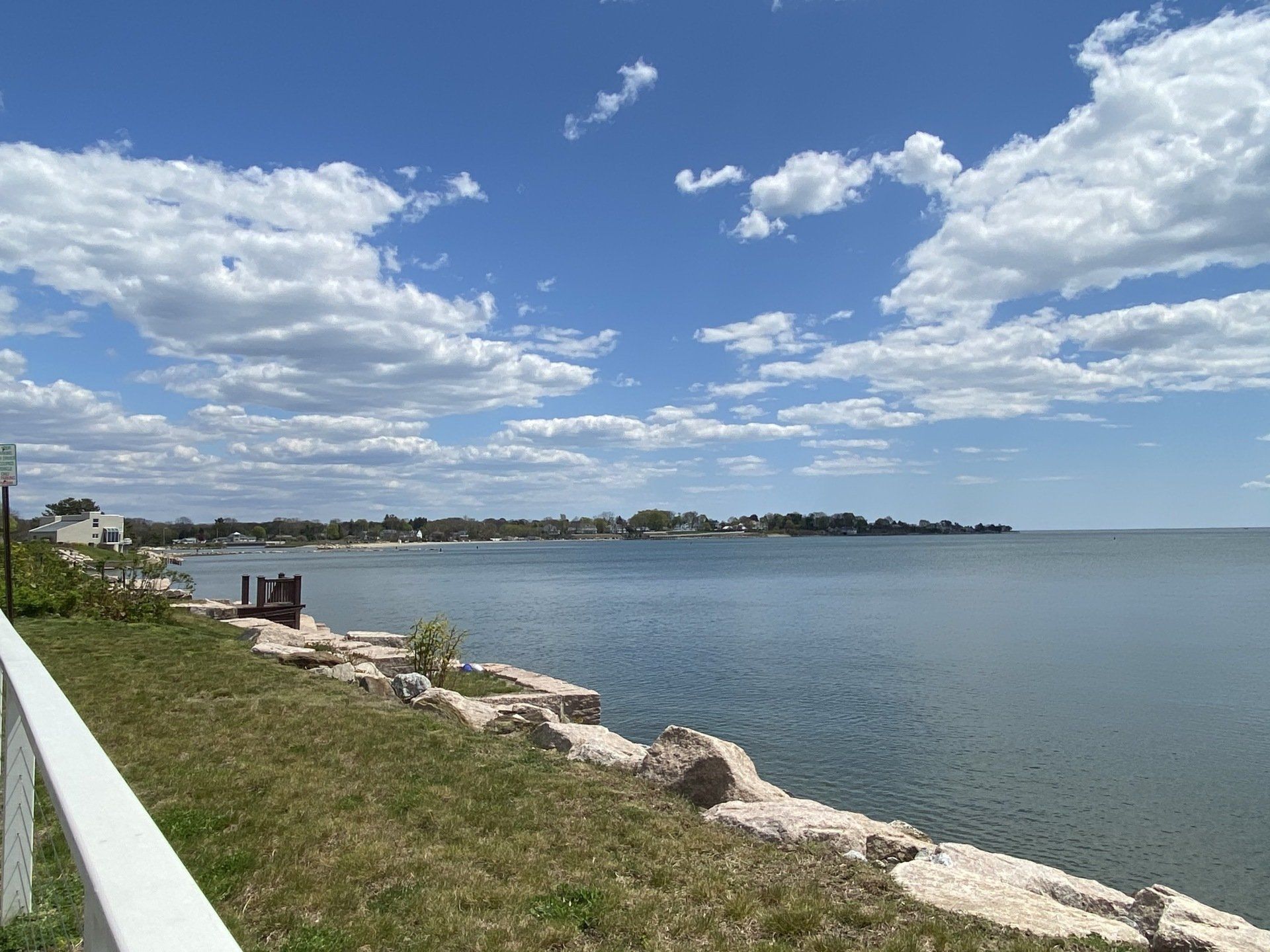 A sunny day view of a calm body of water with puffy white clouds, shore in the distance.