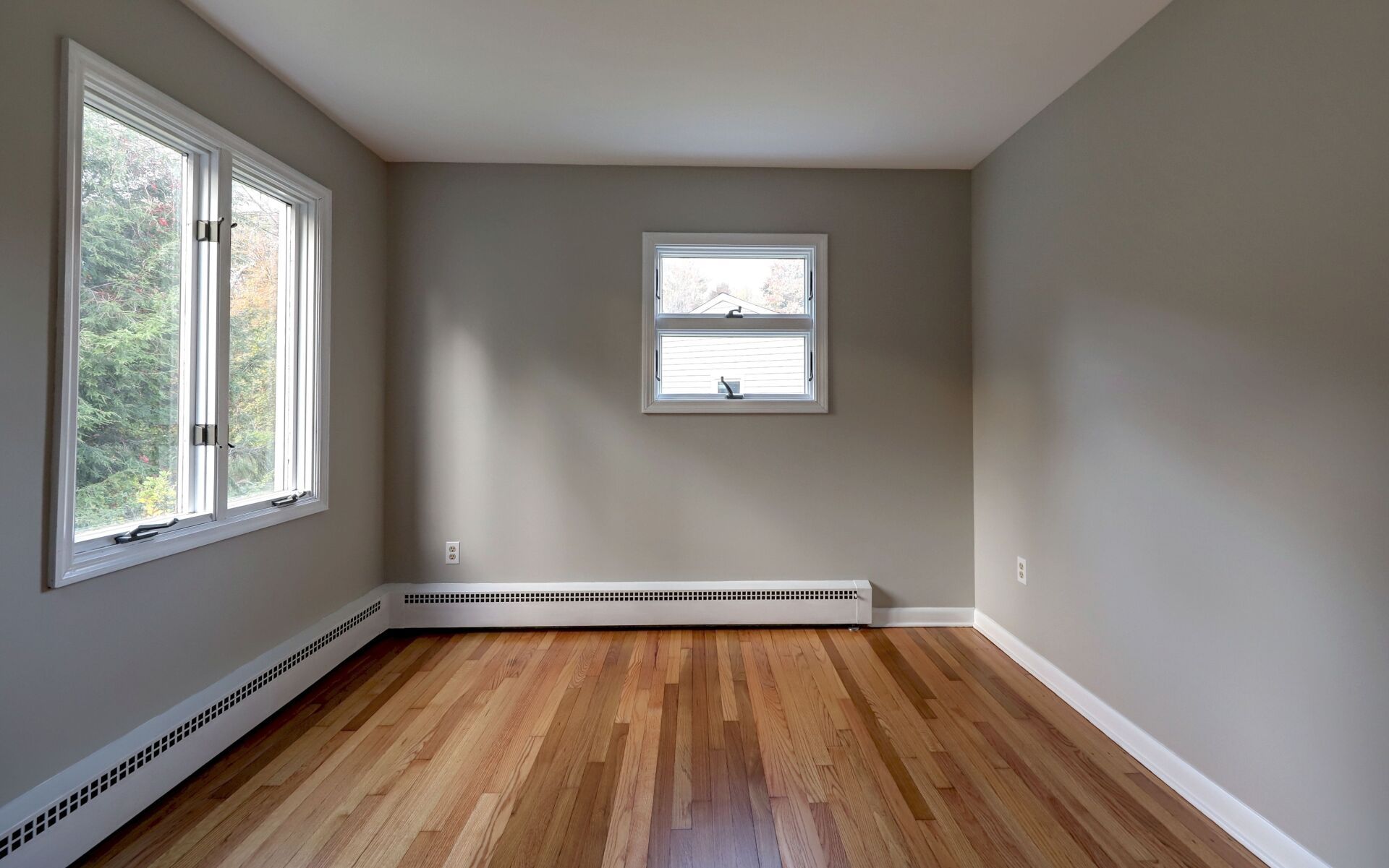 Empty room with hardwood floors, gray walls, and two windows.