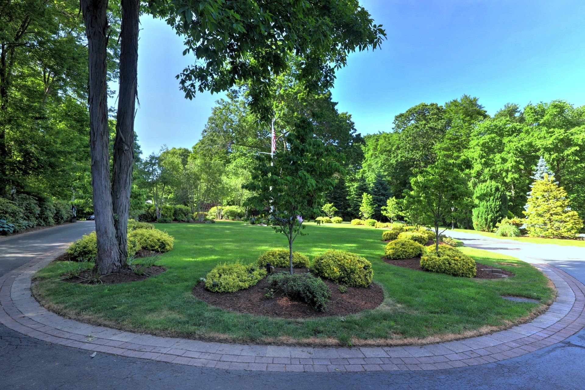 Grassy median with trees and shrubs, surrounded by a brick-paved road, in a sunny park setting.