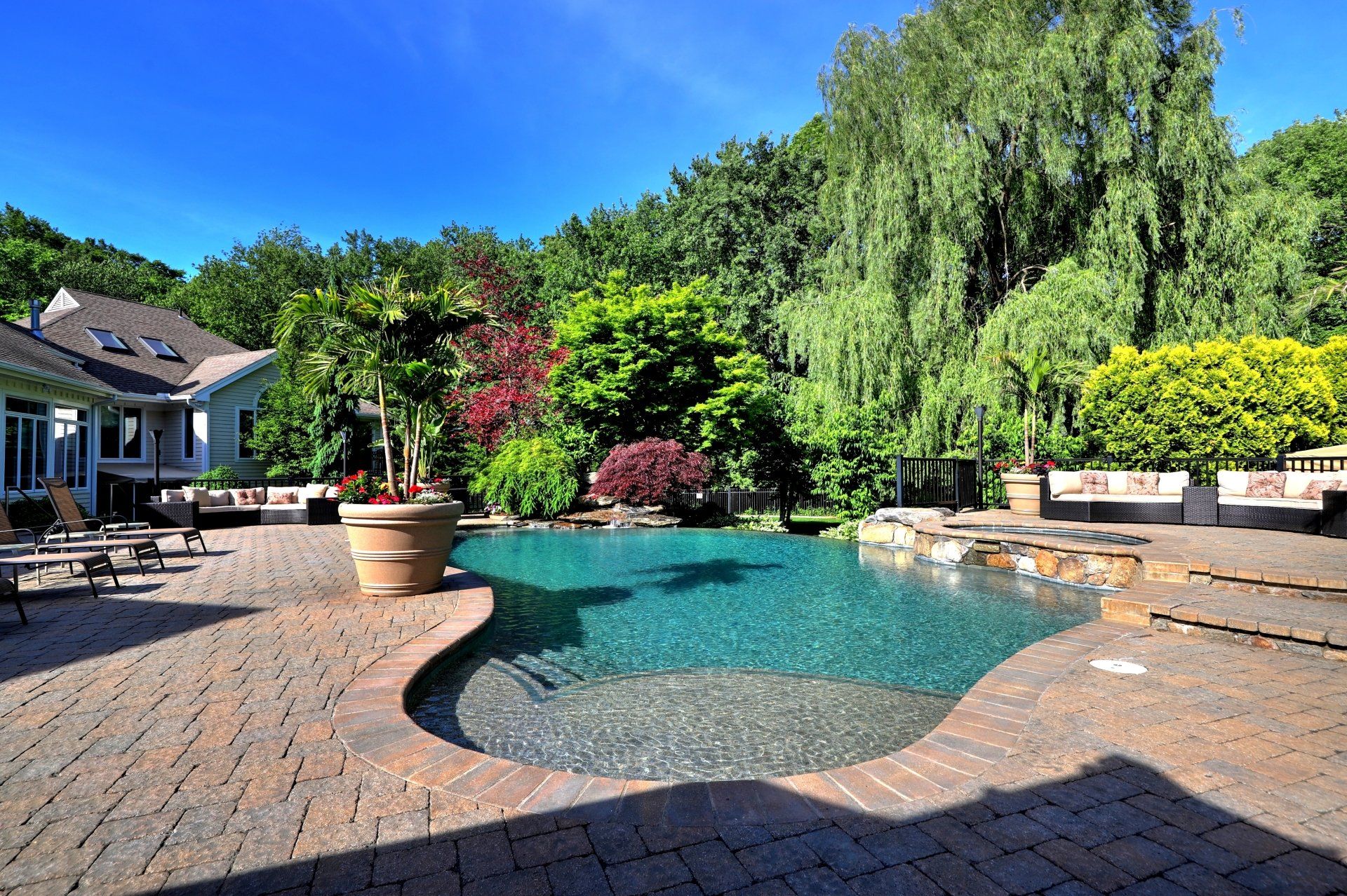 Backyard pool with stone patio, surrounded by lush trees, under a blue sky.