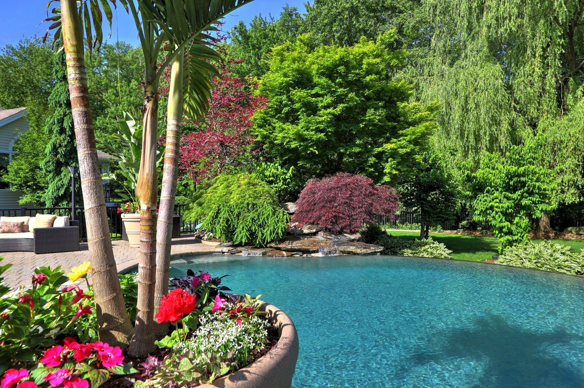 Poolside scene with flowers, palm trees, and lush green trees. Sunny day.