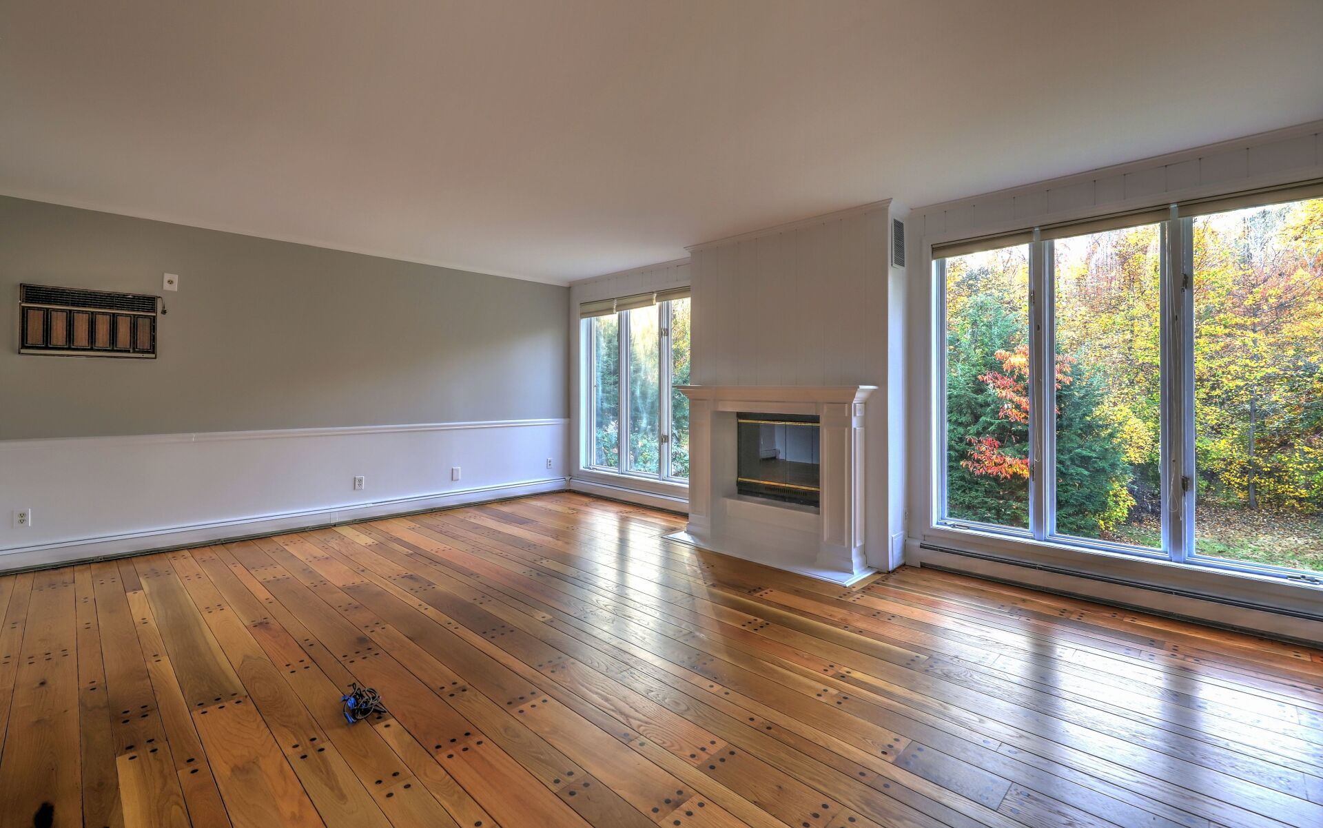 Empty living room with wood floor, large windows, fireplace, and gray walls.