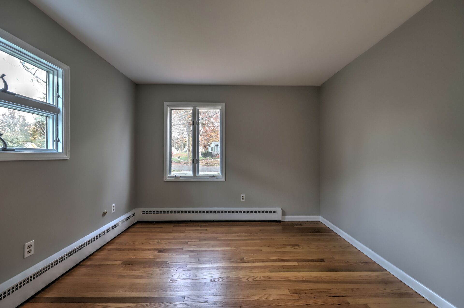 Empty room with hardwood floors, gray walls, two windows, and radiator.