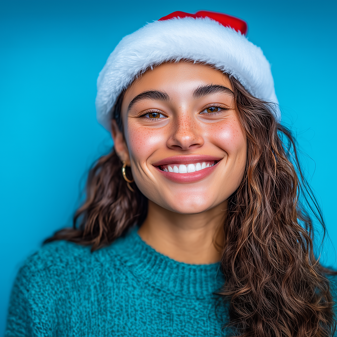 Woman wearing a Santa hat and a green sweater, smiling with a blue background.