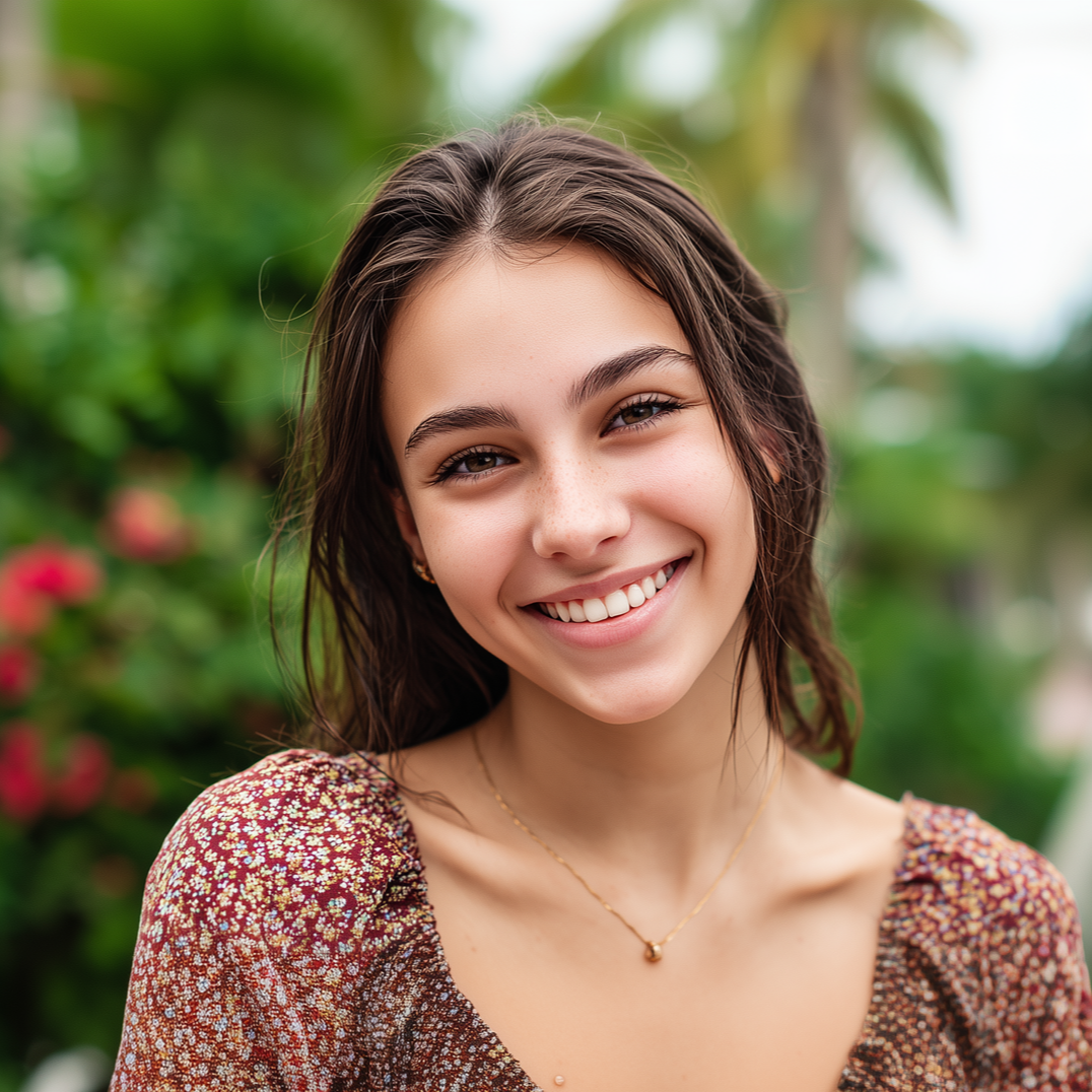 A smiling person with long dark hair wears a floral top in front of a blooming pink bougainvillea bush.