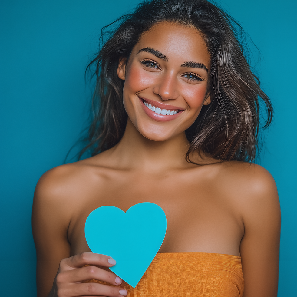 Woman smiling, holding a blue heart over chest. Wearing an orange tube top with a teal background.