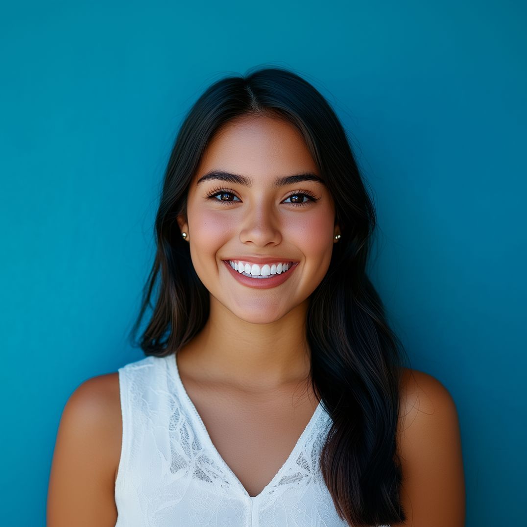 A woman in a white tank top is smiling in front of a blue wall.