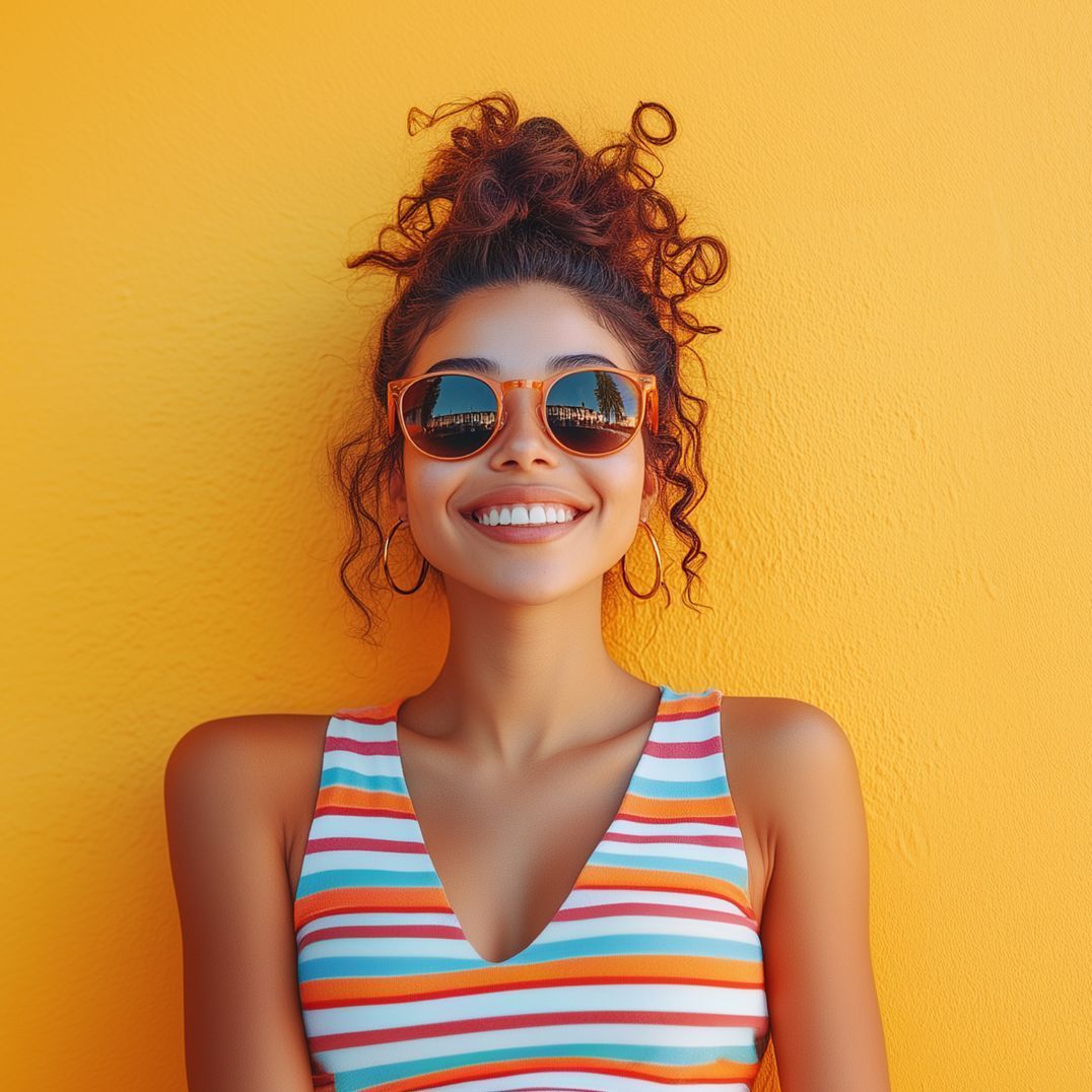 A woman wearing sunglasses and a striped tank top is smiling in front of a yellow wall.