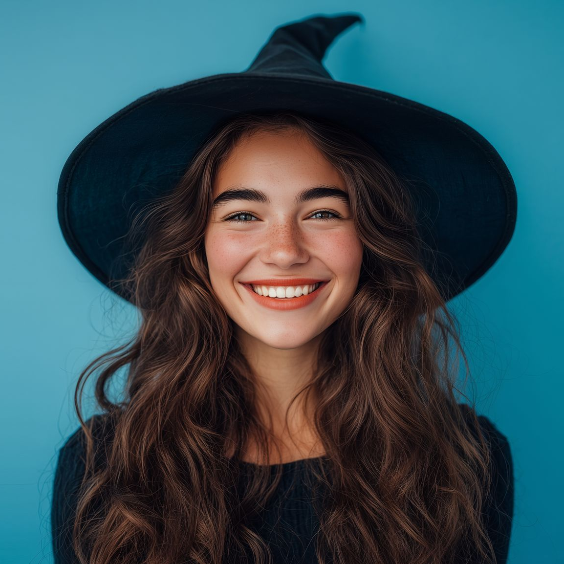 Young woman in a witch hat smiles broadly against a blue background. Long brown hair and black outfit.