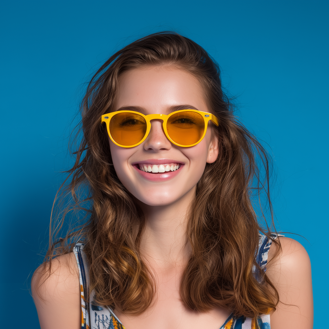 Smiling person wearing yellow sunglasses against a blue background