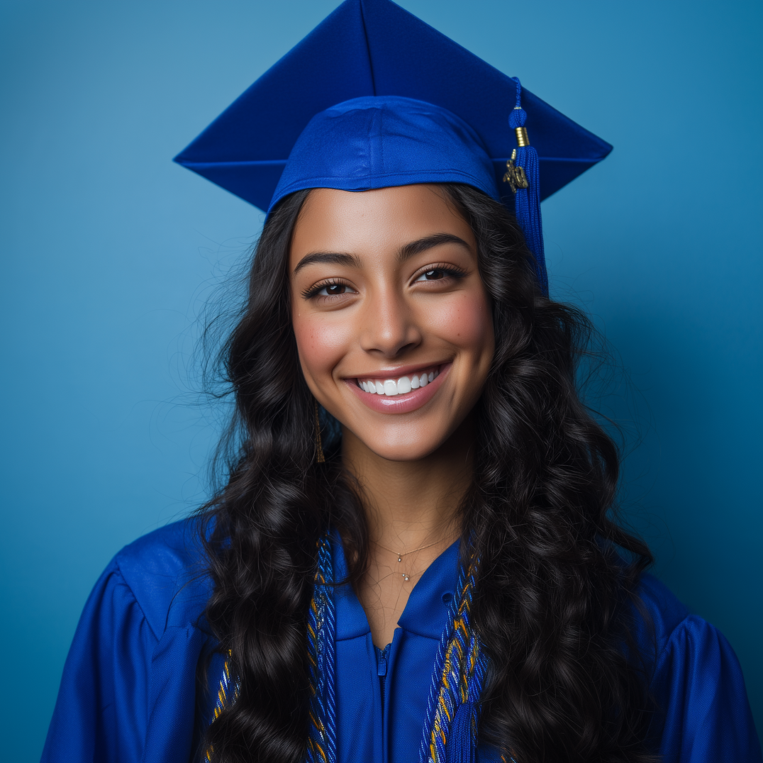 Smiling graduate in blue cap and gown against a blue background