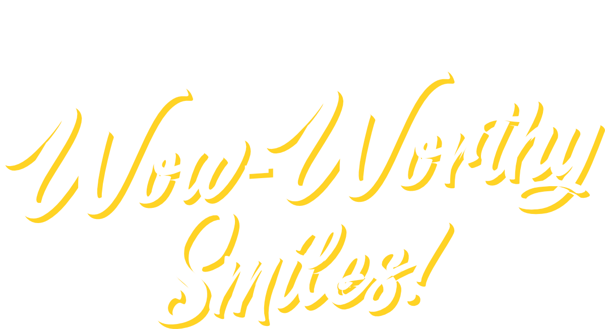 Gold cursive text reading “Now-Working Smiles!” on a white background