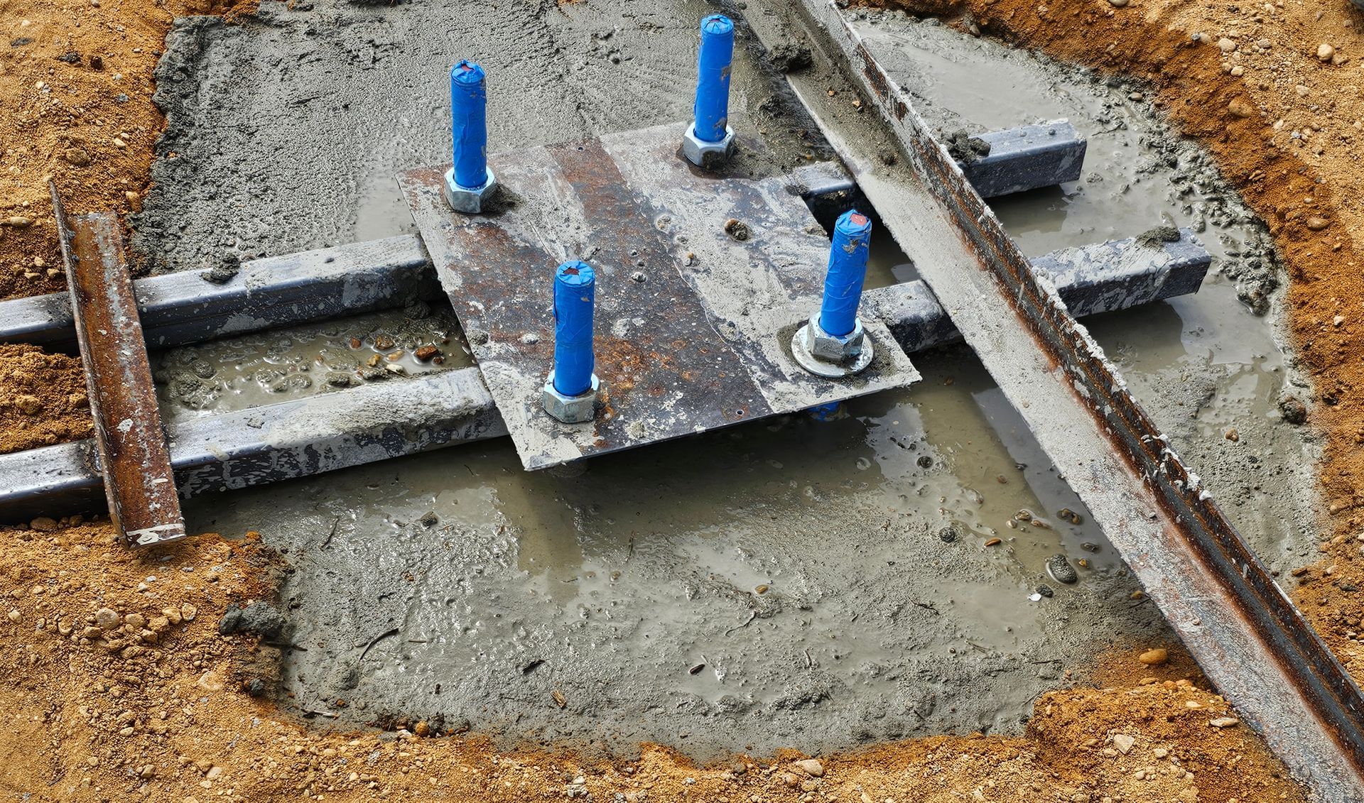 A piece of metal with blue screws is sitting in a pile of concrete.