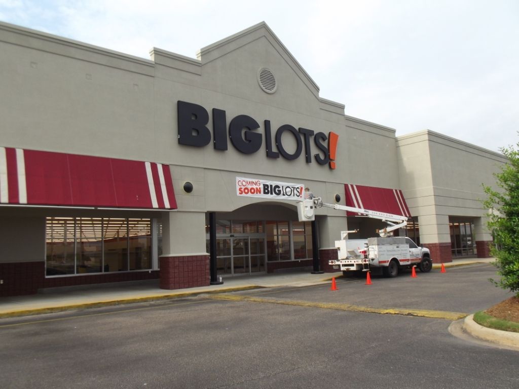 A white truck is parked in front of a big lots store